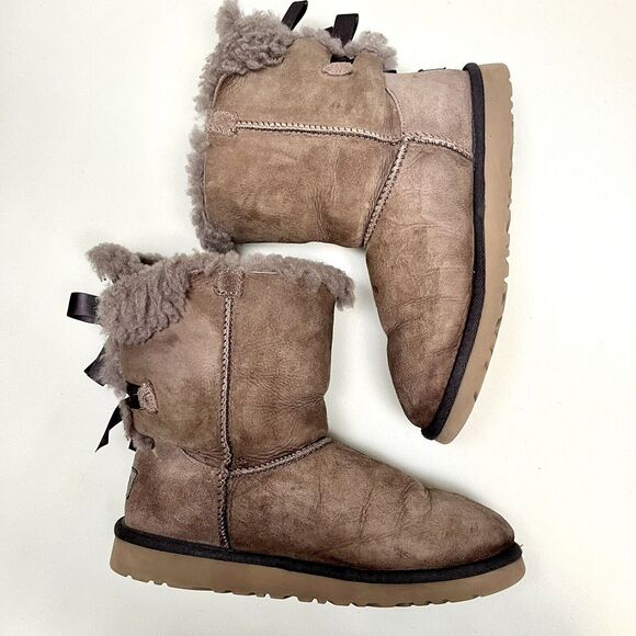 UGG Bailey Bow II Brown Suede Boots Womens 5 Slip On Sheepskin Mid-Calf Boot - Picture 7 of 12